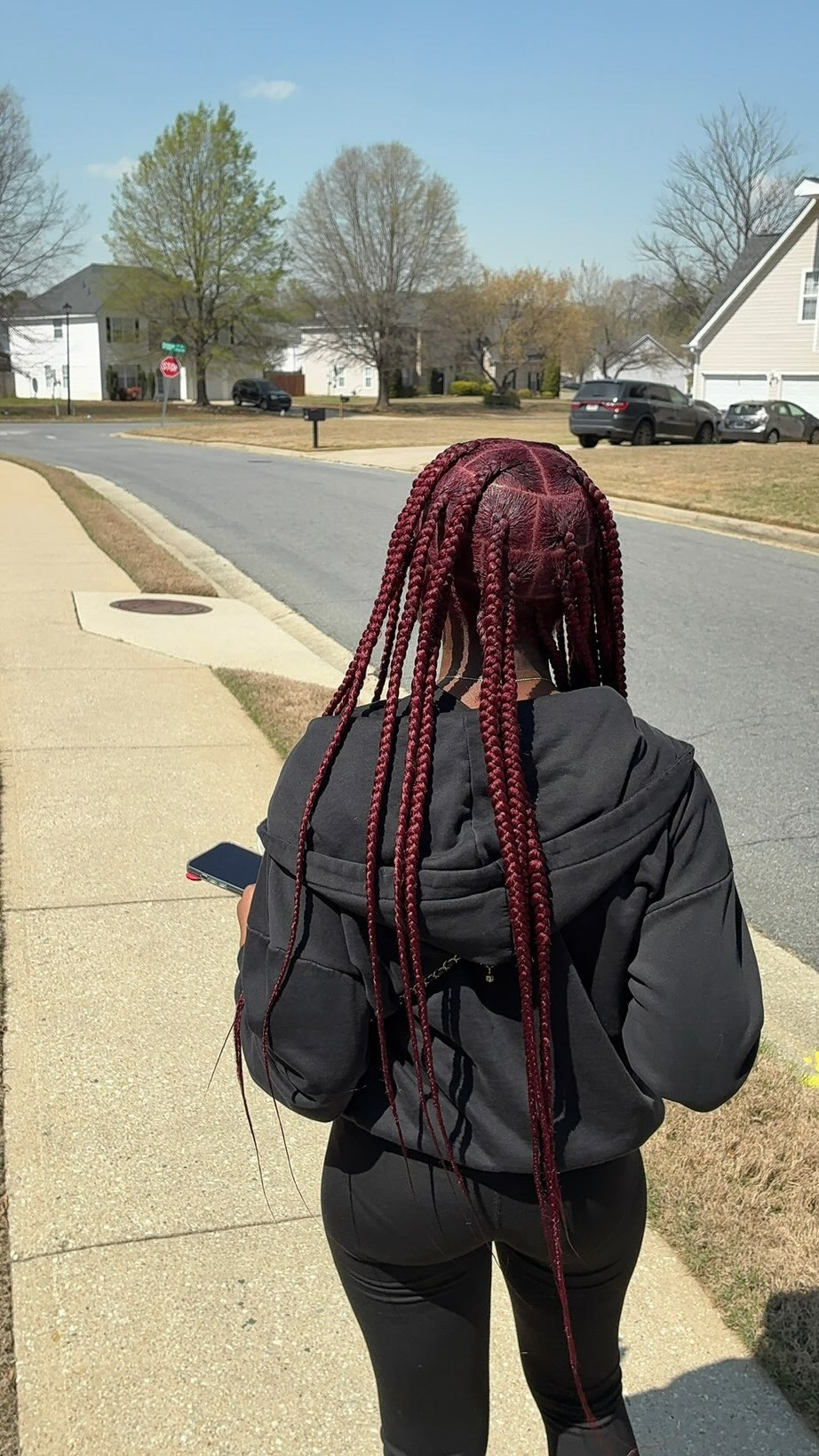 Large knotless braids in burgundy